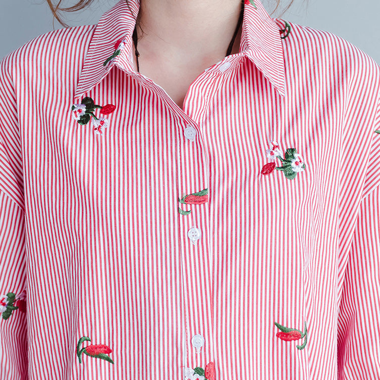 Embroidered Blouses Long Striped Tops Tees Loose Tunics