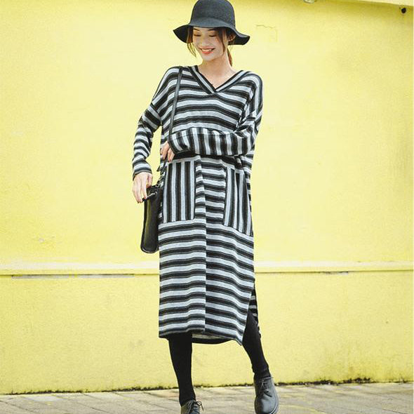 Gray Striped Loose Sweater Dresses for Winter