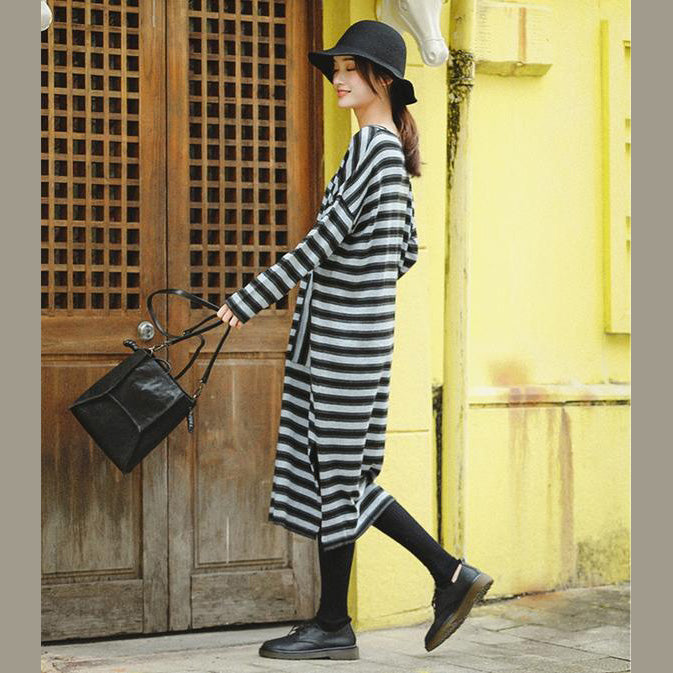 Gray Striped Loose Sweater Dresses for Winter