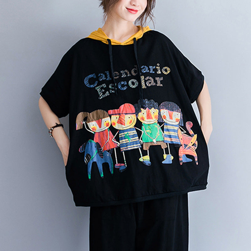 Print Tops Tees Hooded Shirt Loose T-shirt