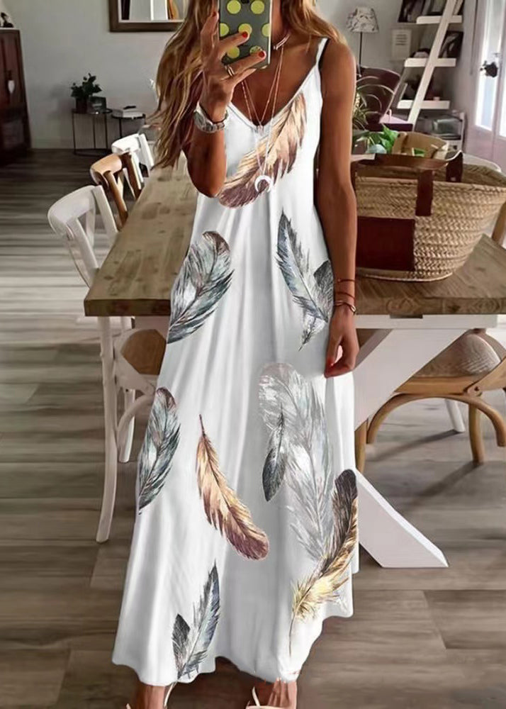 Feather Print V Neck Cotton Long Dresses Sleeveless