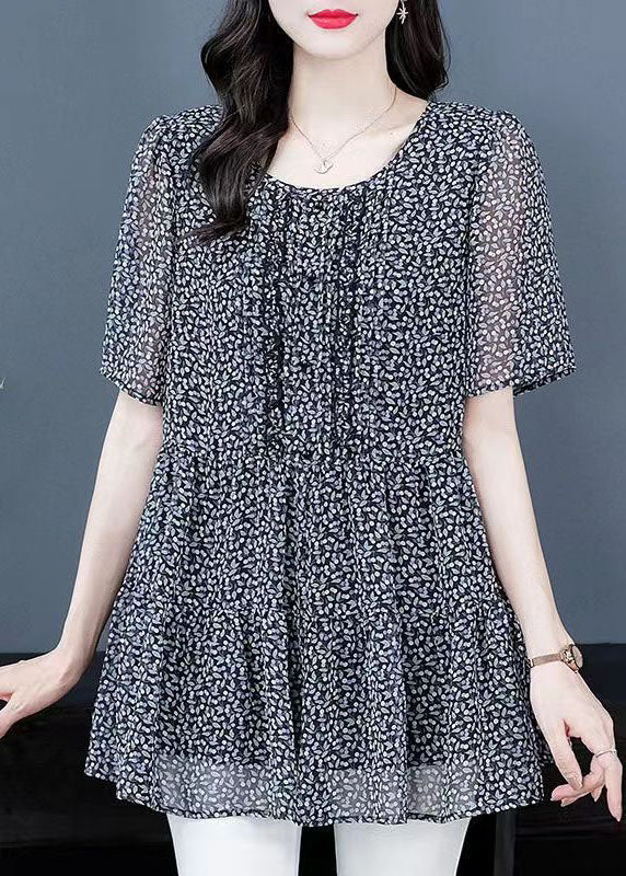 O Neck Wrinkled Patchwork Chiffon T Shirt Top Summer