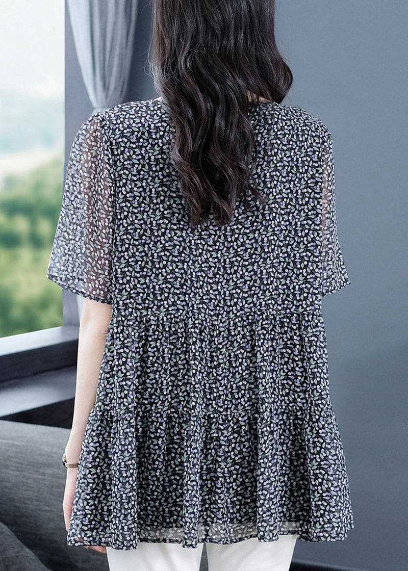 O Neck Wrinkled Patchwork Chiffon T Shirt Top Summer