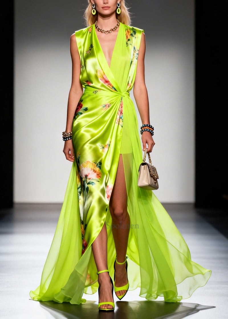 Fluorescent Green Exra Large Hem Side Open Chiffon Robe Dresses Summer