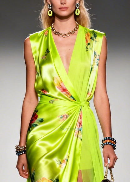 Fluorescent Green Exra Large Hem Side Open Chiffon Robe Dresses Summer