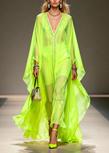 Fluorescent Green V Neck Zircon Chiffon Robe Dresses Summer