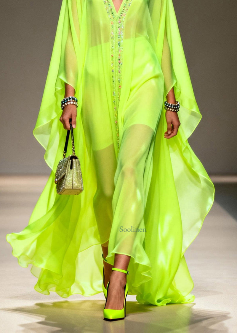 Fluorescent Green V Neck Zircon Chiffon Robe Dresses Summer
