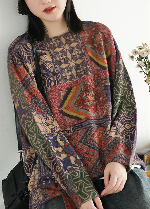 Geometric Pattern Loose O-neck Print Oriental Fall Knit Sweater