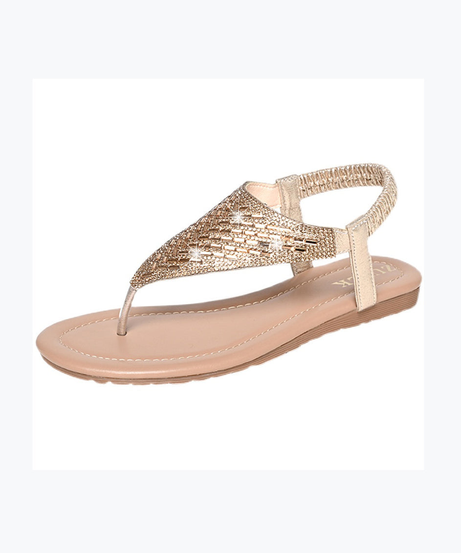 Gold Comfy Splicing Zircon Flip Flops Walking Sandals