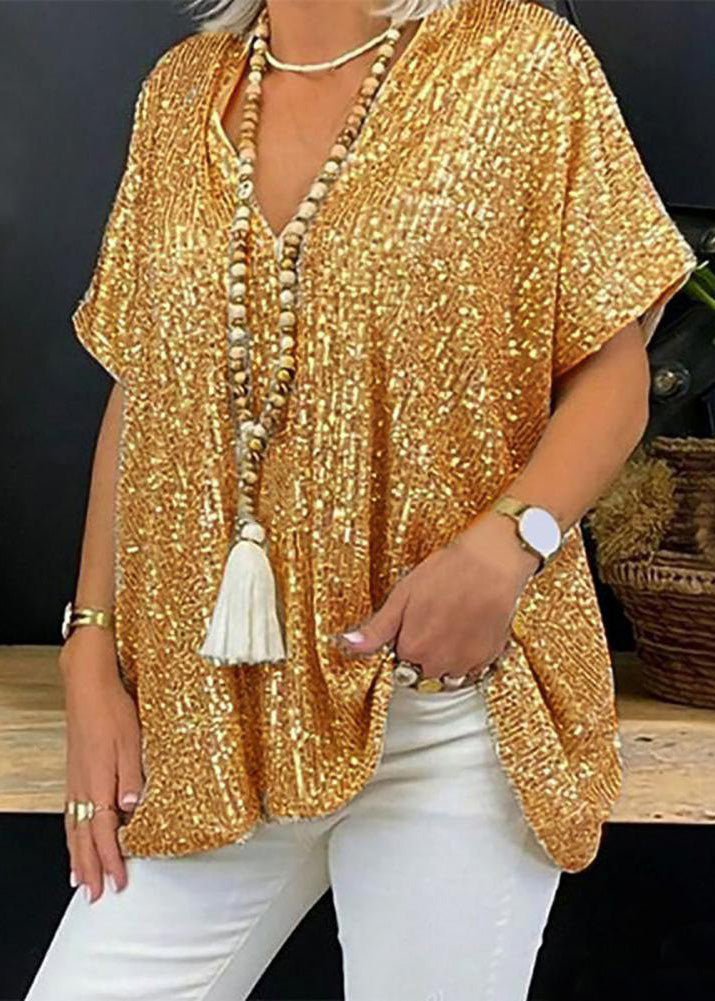 Gold V Neck Sequins Tops Summer