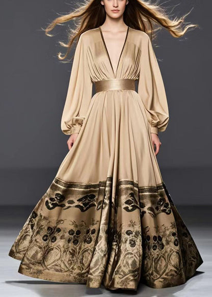 Golden Cinched Print Silk Maxi Dresses Spring