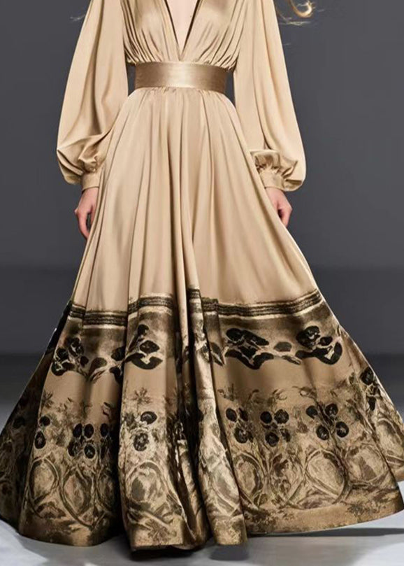 Golden Cinched Print Silk Maxi Dresses Spring