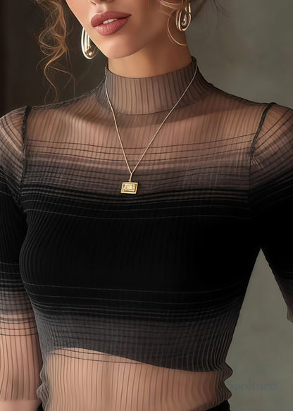 Gradient Black Stand Collar Tulle Tank Half Sleeve