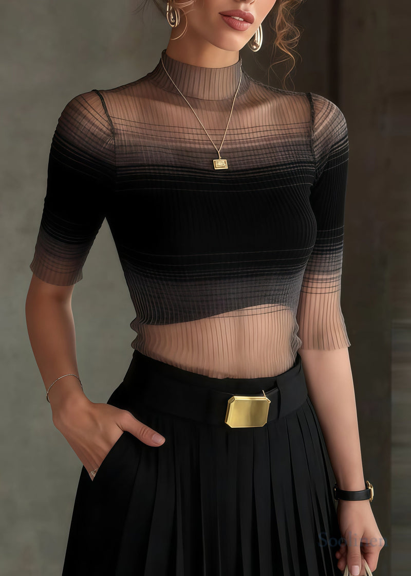 Gradient Black Stand Collar Tulle Tank Half Sleeve