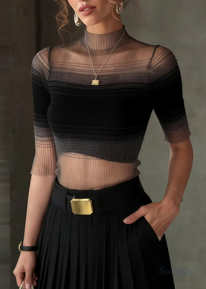 Gradient Black Stand Collar Tulle Tank Half Sleeve