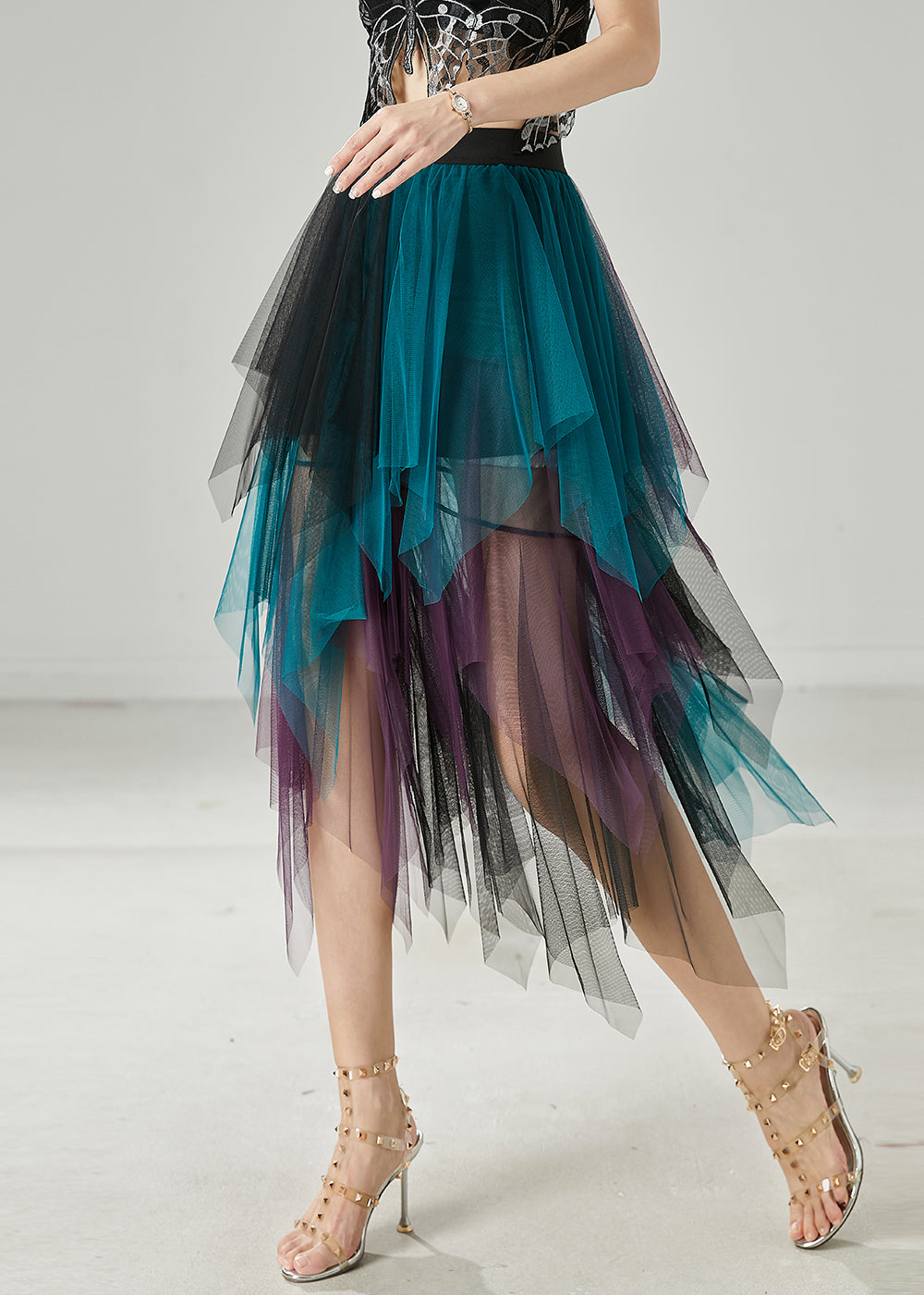 Gradient Blue Asymmetrical Tulle Skirt Summer