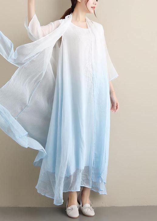 Gradient Blue Clothes O Neck Two Pieces Robes Summer Dresses