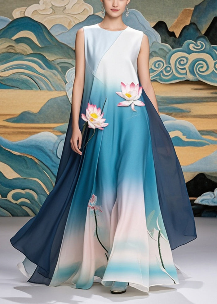 Gradient Blue Lotus Print Chiffon Long Dress Summer