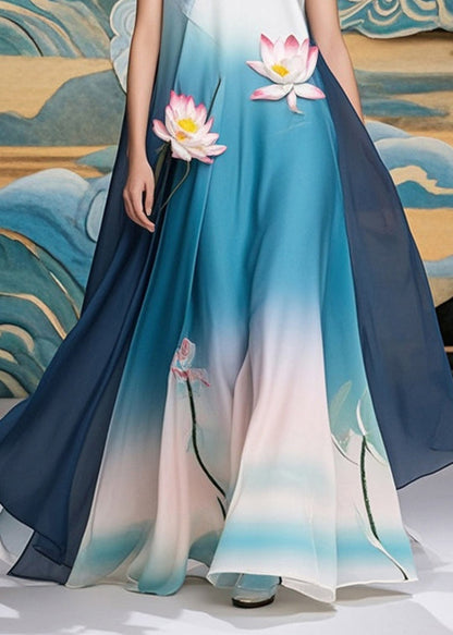 Gradient Blue Lotus Print Chiffon Long Dress Summer