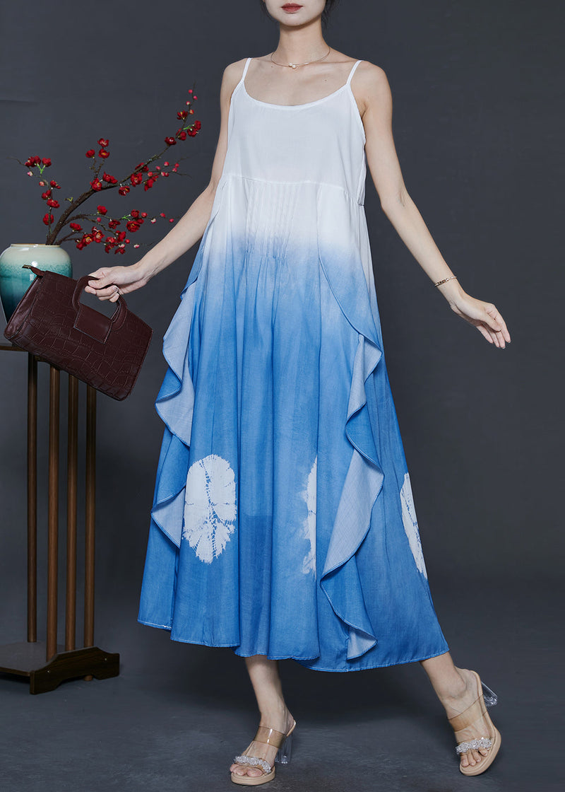 Gradient Blue Ruffled Cotton Cami Dress Summer