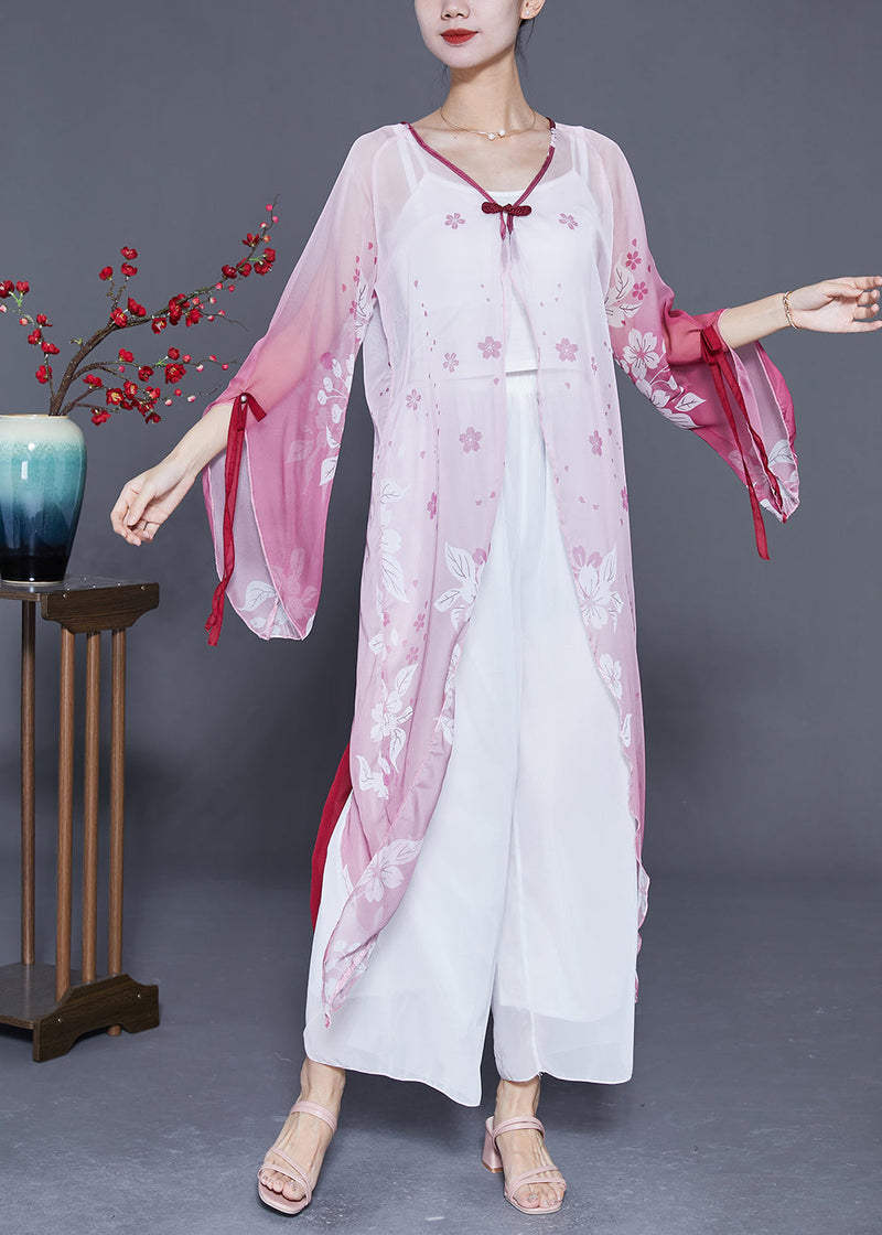 Gradient Color Chinese Button Print Chiffon Long Cardigan Flare Sleeve