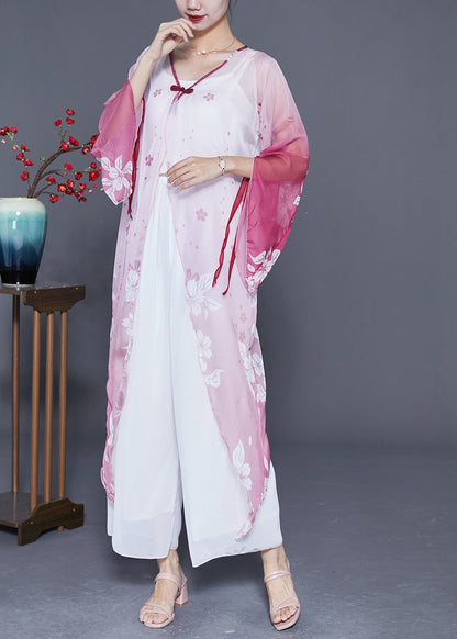 Gradient Color Chinese Button Print Chiffon Long Cardigan Flare Sleeve