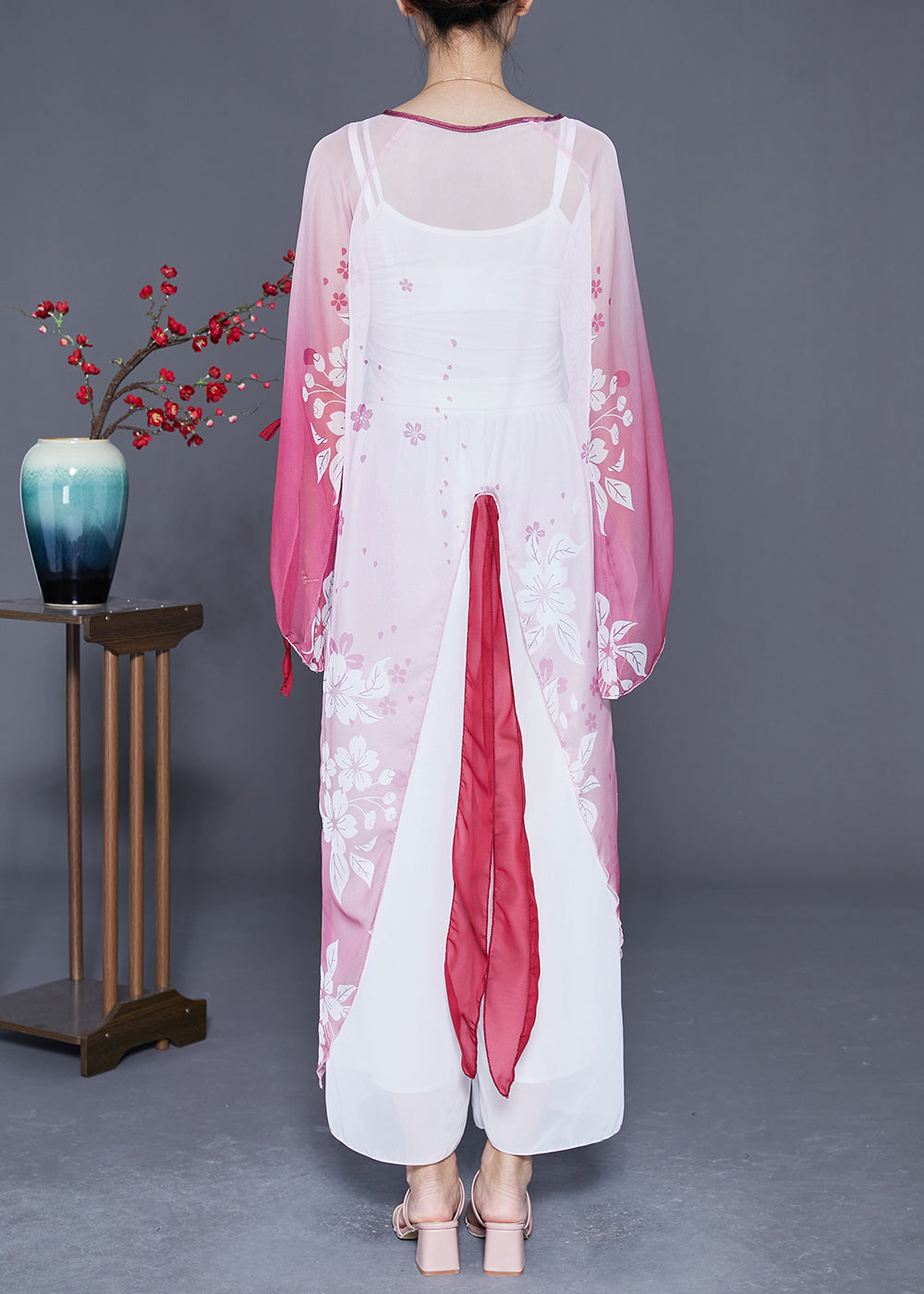 Gradient Color Chinese Button Print Chiffon Long Cardigan Flare Sleeve