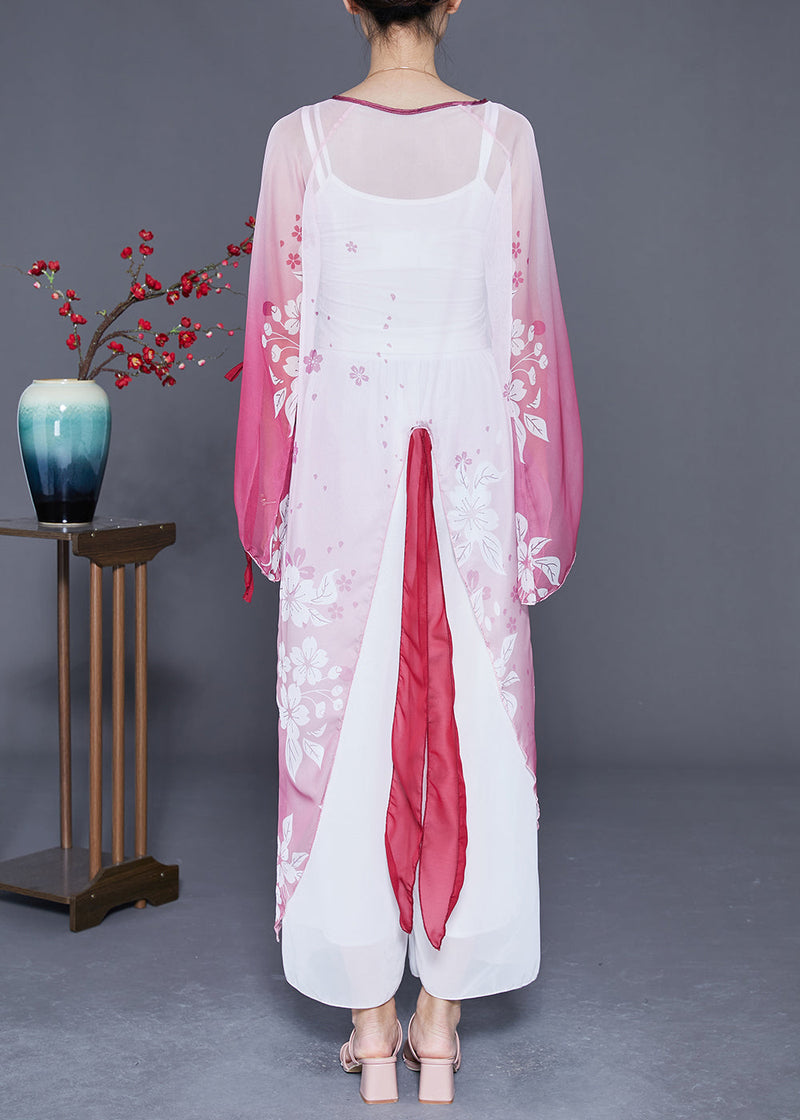 Gradient Color Chinese Button Print Chiffon Long Cardigan Flare Sleeve