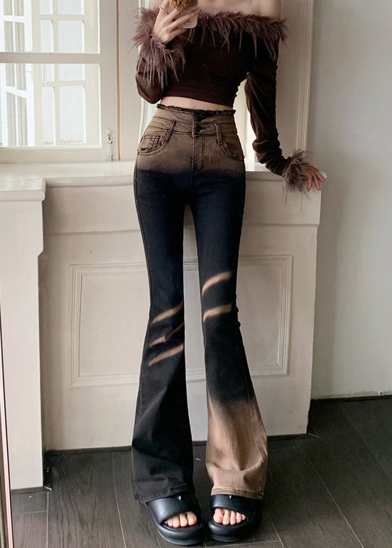 Gradient Color High Waist Tie Dye Denim Flared Trousers Spring