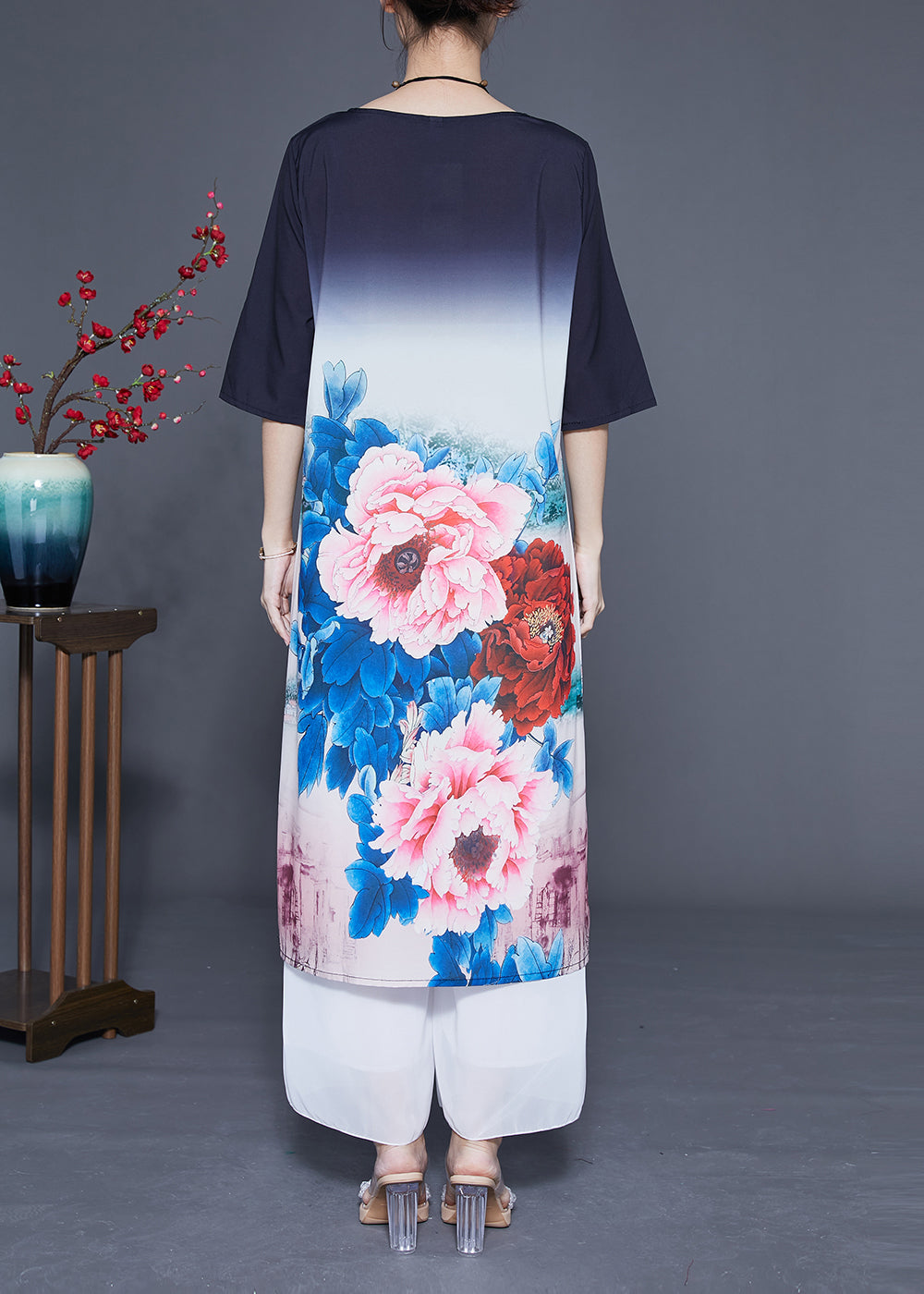 Gradient Color O-neck Print Silk Vacation Dresses Half Sleeve