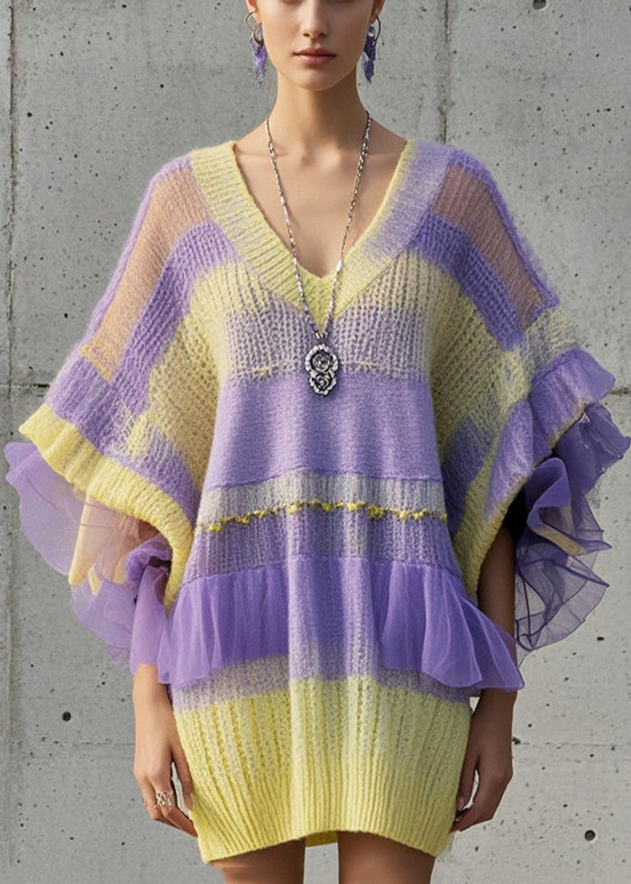 Gradient Color Oversized Patchwork Tulle Sweater Dress Fall