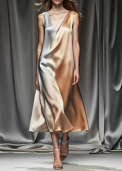 Gradient Color V Neck Draping Silk Robe Dresses Summer