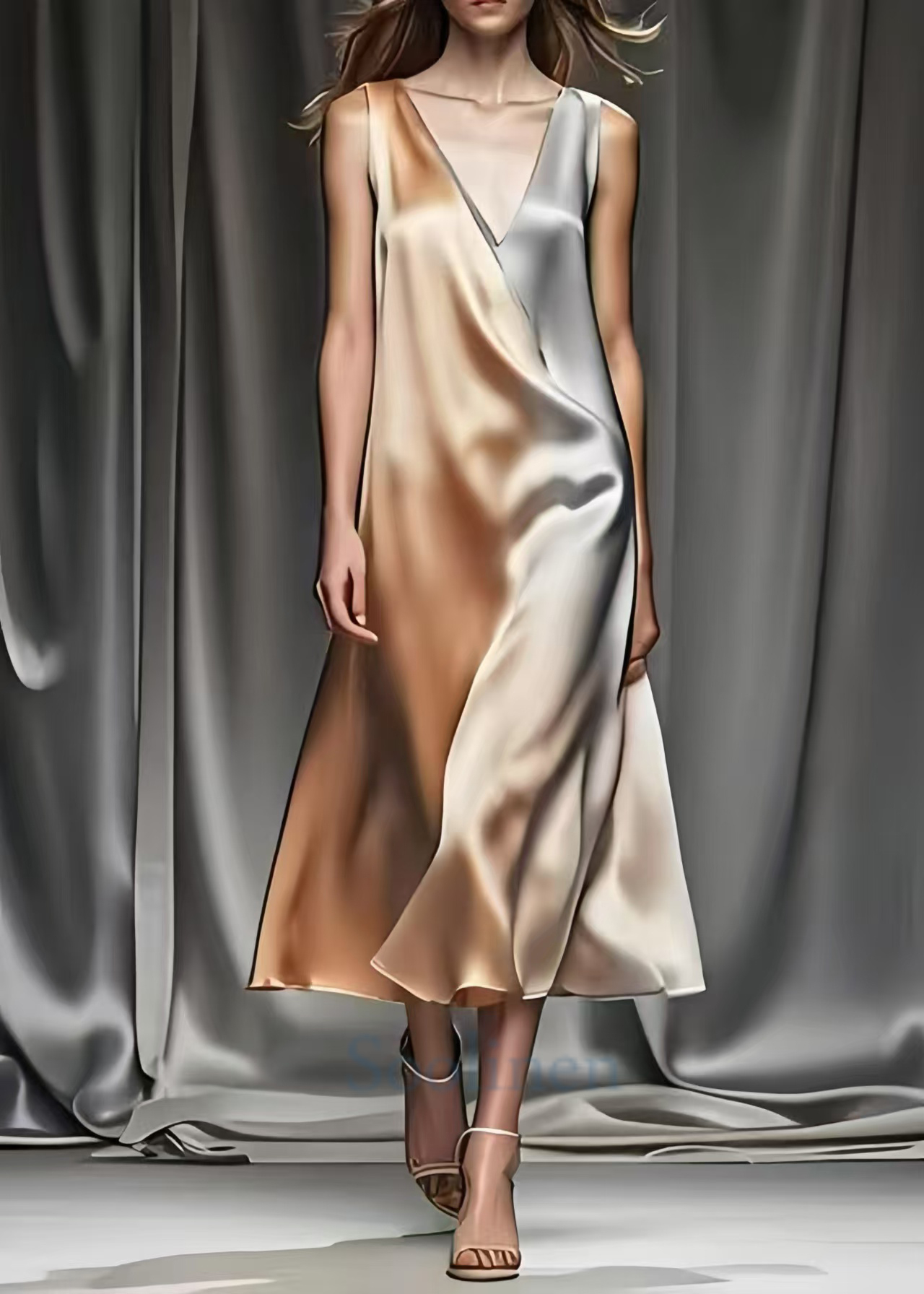 Gradient Color V Neck Draping Silk Robe Dresses Summer