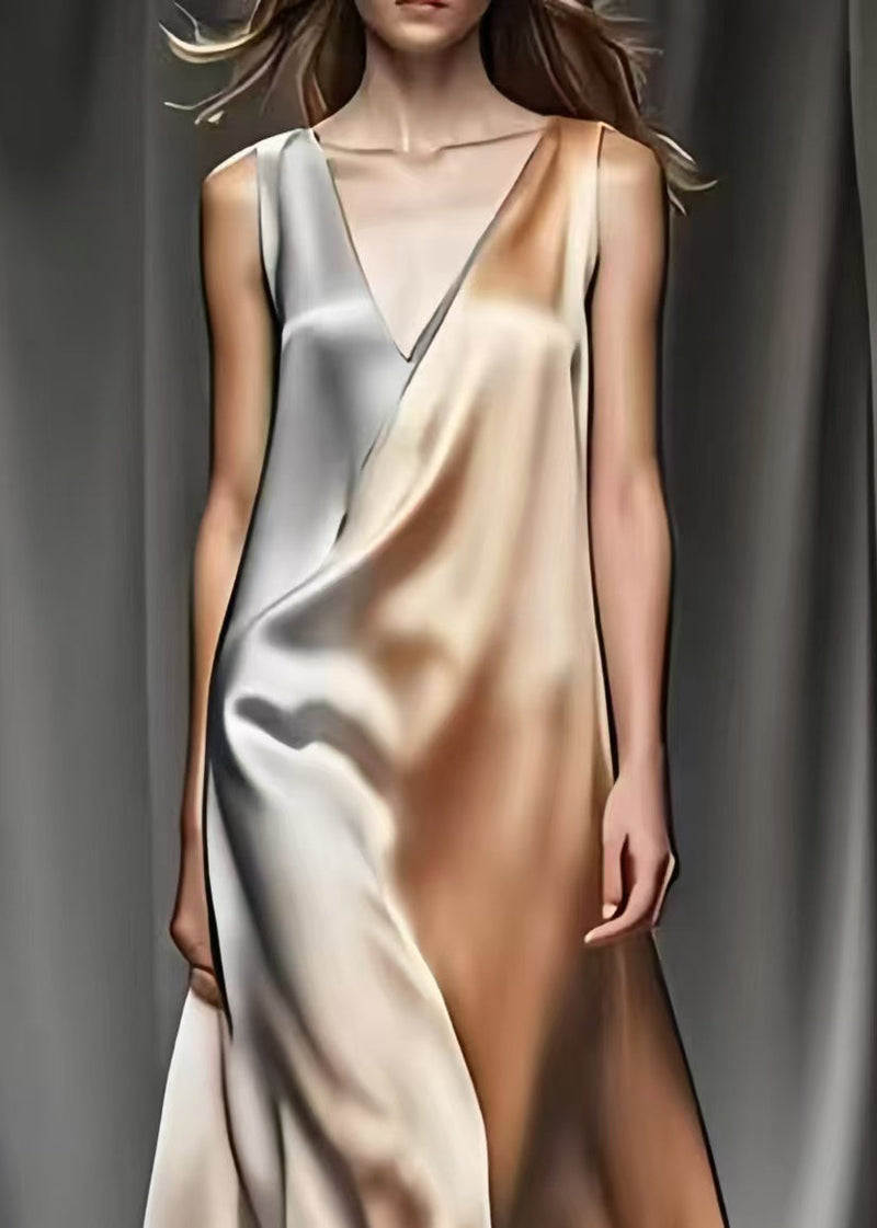 Gradient Color V Neck Draping Silk Robe Dresses Summer
