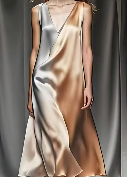 Gradient Color V Neck Draping Silk Robe Dresses Summer