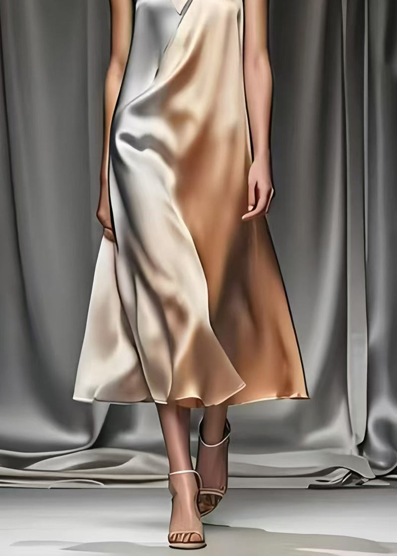 Gradient Color V Neck Draping Silk Robe Dresses Summer
