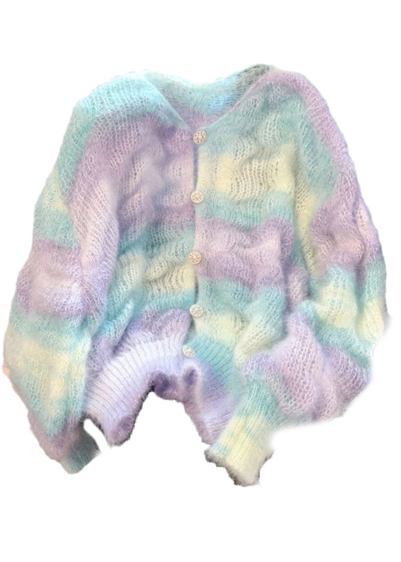 Gradient Color V Neck Warm Knit Cardigan Winter