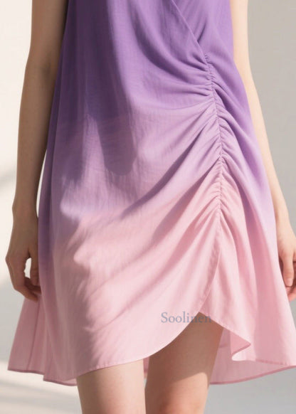 Gradient Purple Wrinkled Cotton Sun Dresses Summer