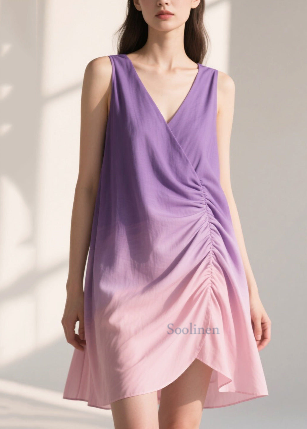 Gradient Purple Wrinkled Cotton Sun Dresses Summer