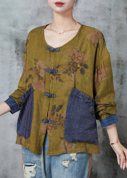 Women Grass Green Chinese Button Patchwork Linen Top Spring