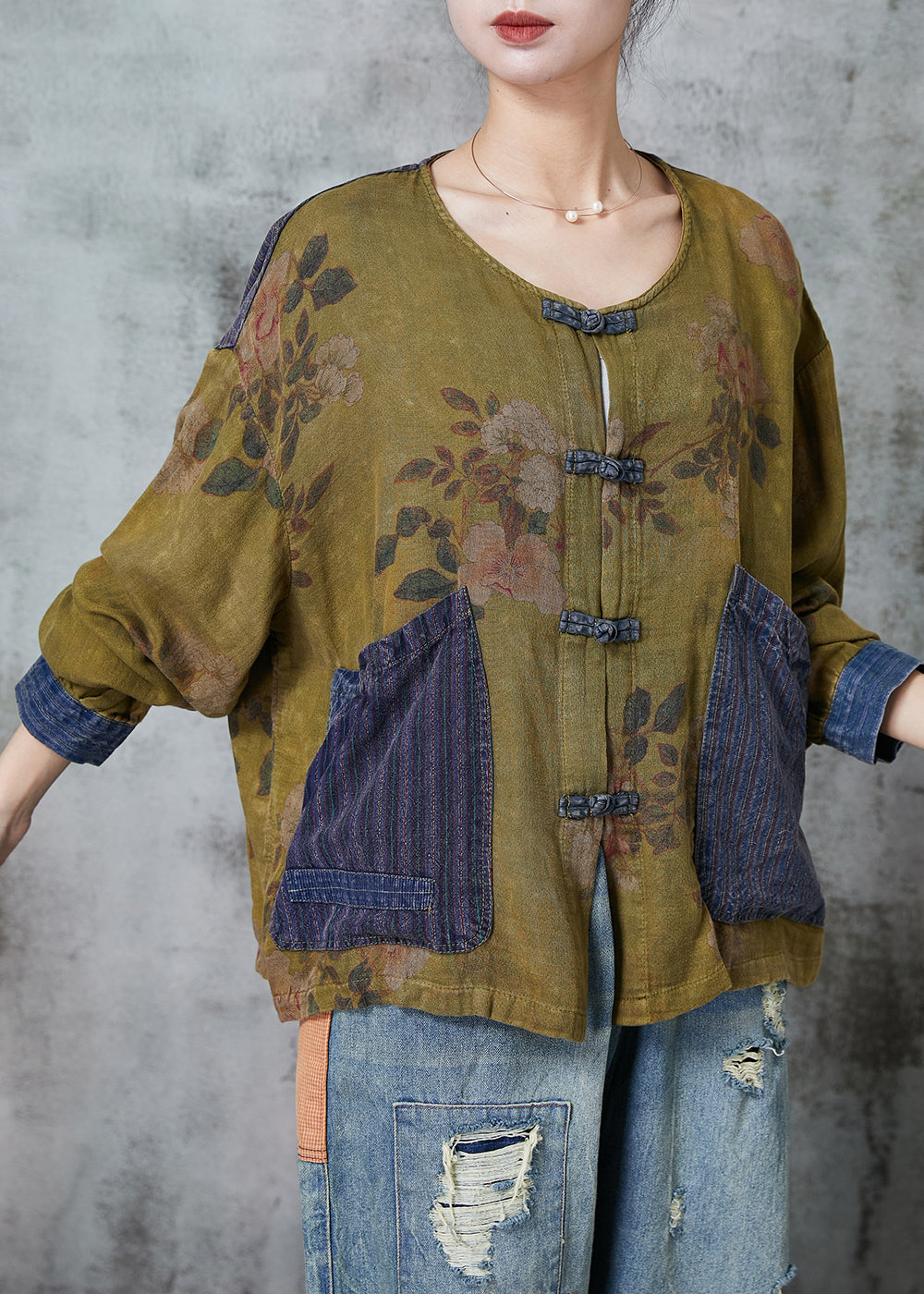 Women Grass Green Chinese Button Patchwork Linen Top Spring