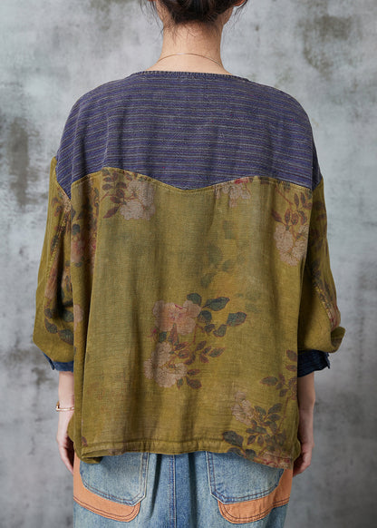 Women Grass Green Chinese Button Patchwork Linen Top Spring