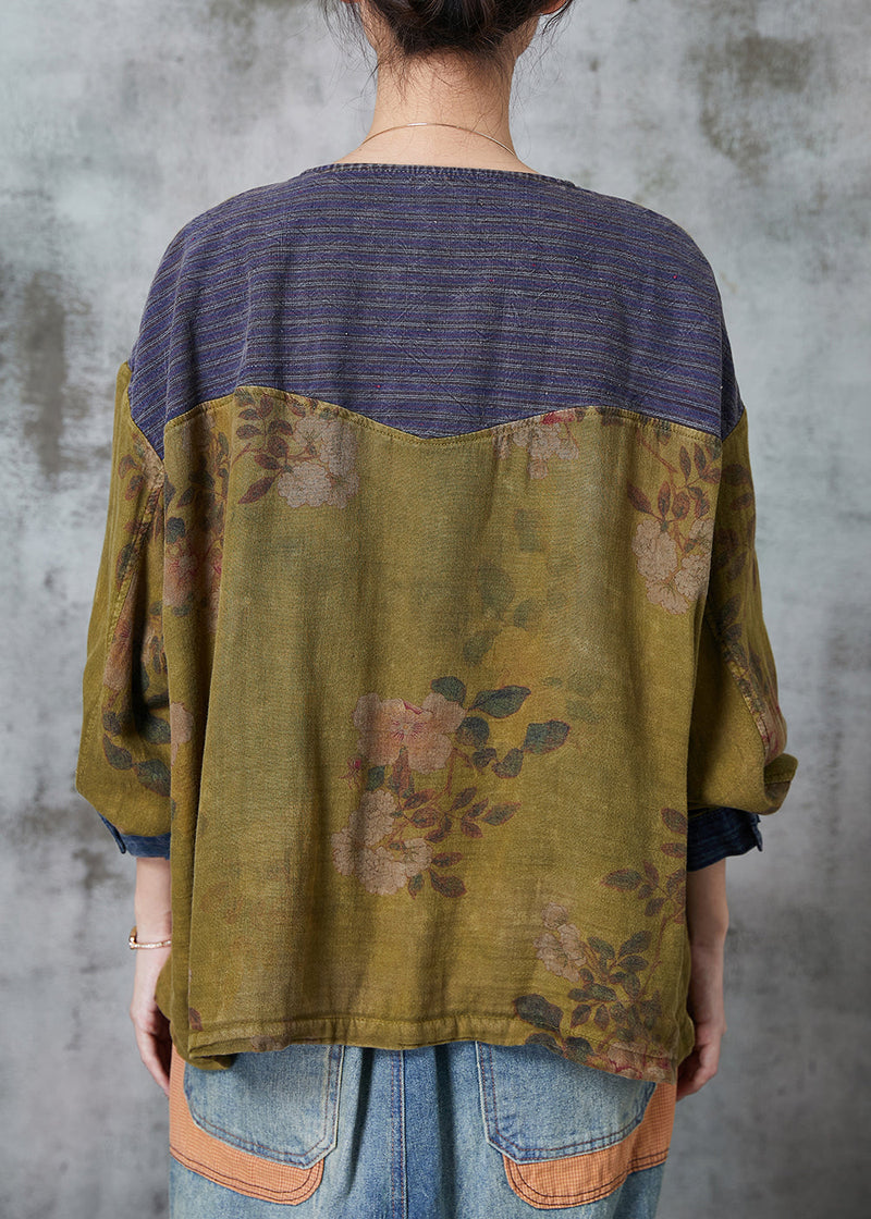 Grass Green Chinese Button Patchwork Linen Top Spring