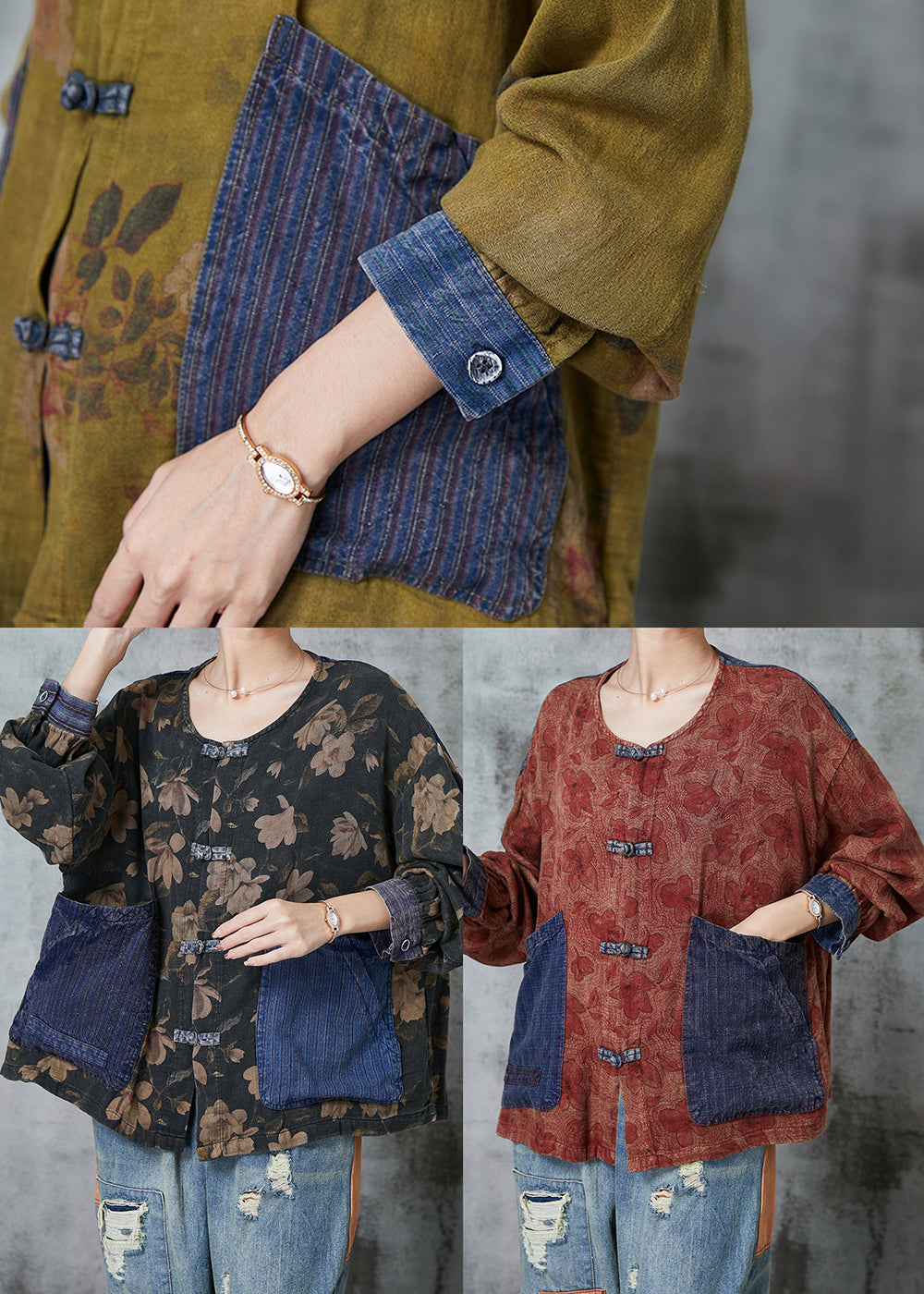Women Grass Green Chinese Button Patchwork Linen Top Spring
