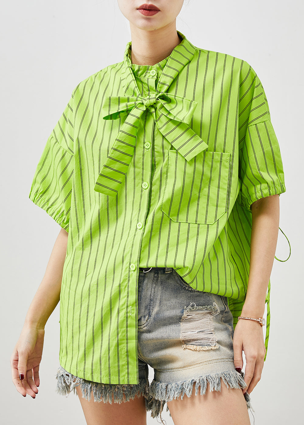 Grass Green Striped Cotton Shirt Tops Summer