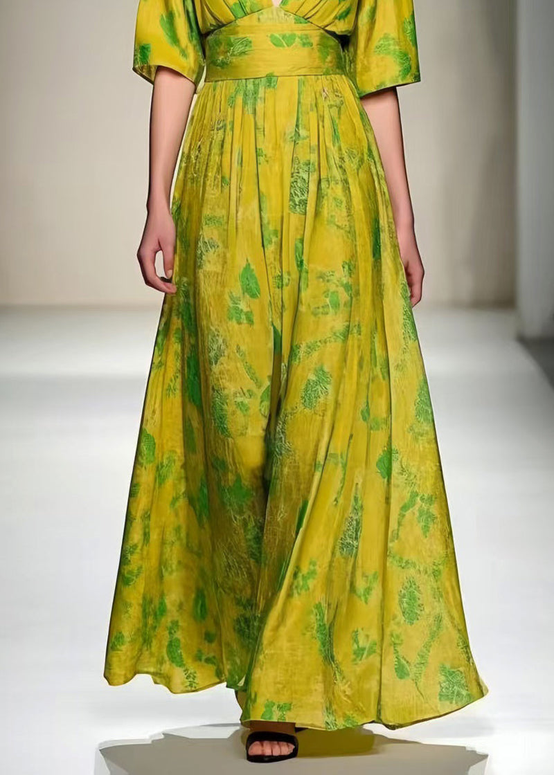 Grass Green V Neck Print Cotton Vacation Dresses Summer
