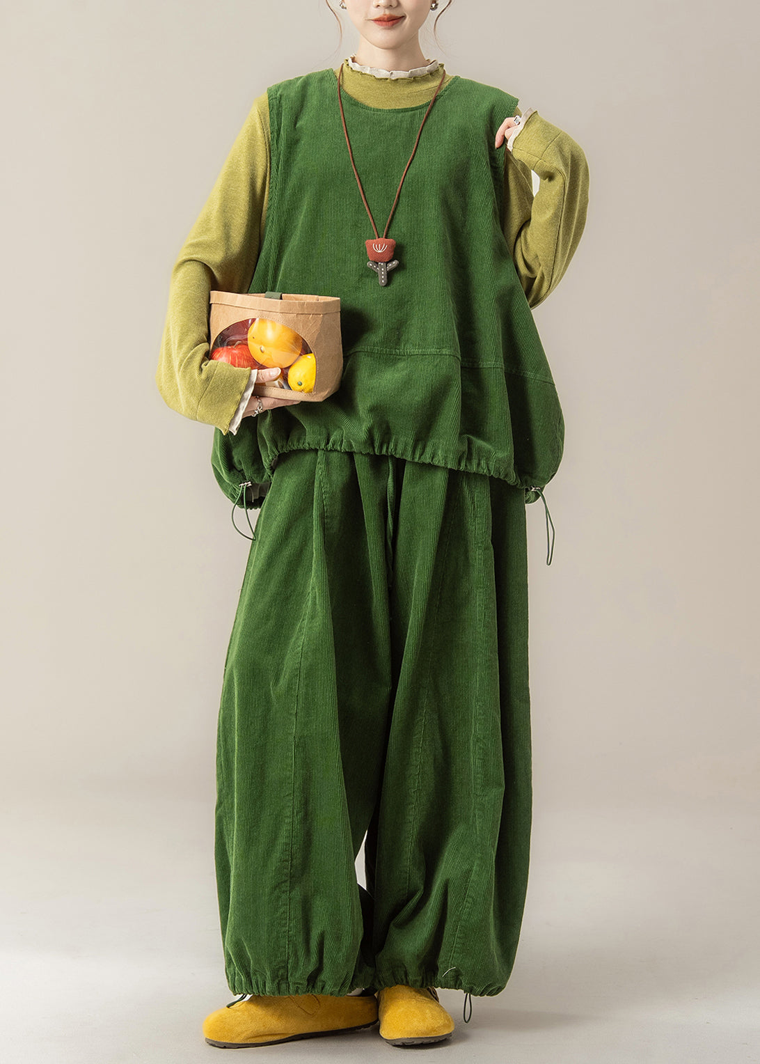 Grass Green Vest T Shirt and Pants Corduroy Three Pieces Set Spring