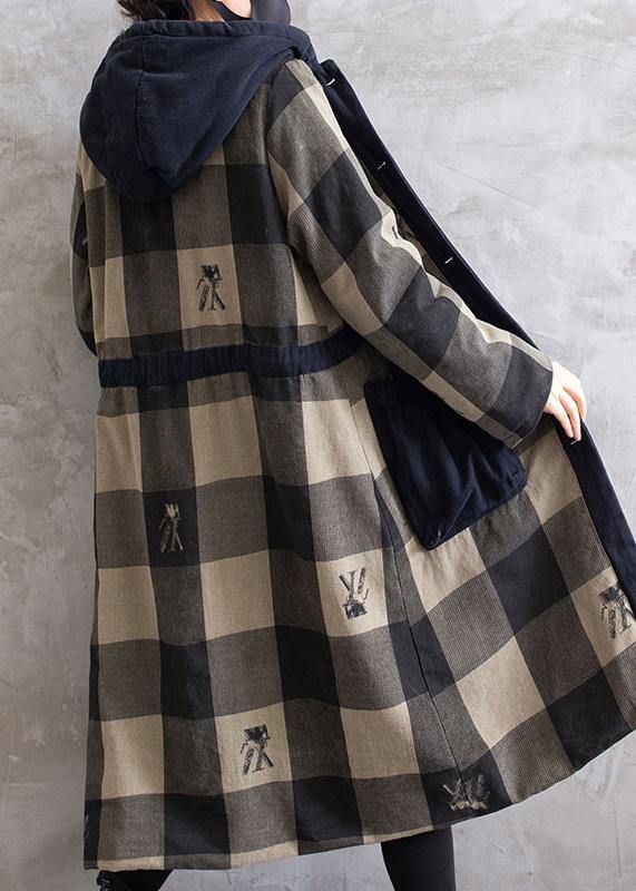 Gray Plaid Overcoat Hooded Drawstring Coats