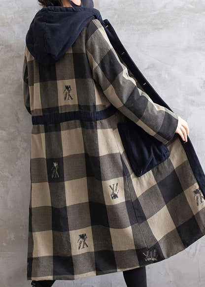Gray Plaid Overcoat Hooded Drawstring Coats