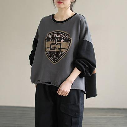 Women Gray alphabet Prints cotton Tunics for women Patchwork daily Spring top